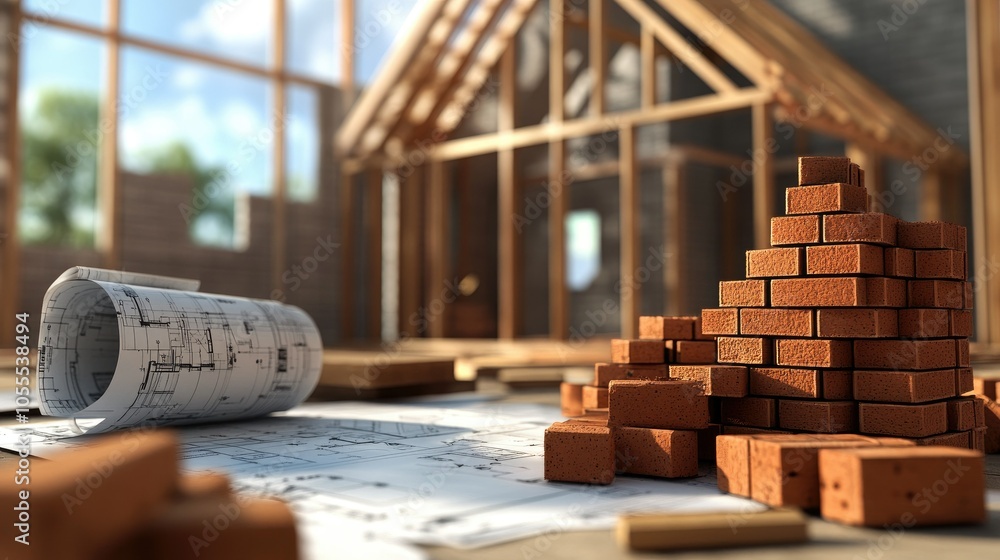 Poster a house under construction with bricks stacked and blueprints laid out, capturing the essence of a b