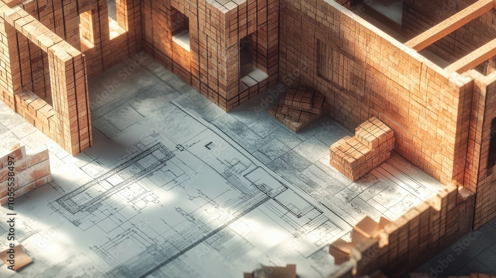 Poster a house under construction with bricks stacked and blueprints laid out, capturing the essence of a b