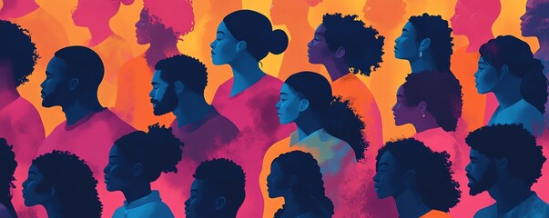 Eyecatching illustration of a diverse group of people as colorful silhouettes, celebrating the themes of inclusion, equality, and community togetherness