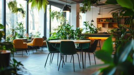 Obraz premium modern office interior with green theme features sustainable design, abundant plants, and natural light, creating refreshing and eco friendly workspace