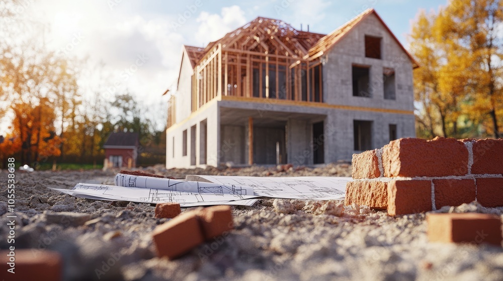 Poster a house under construction with exposed bricks and blueprints lying on the ground, symbolizing the c