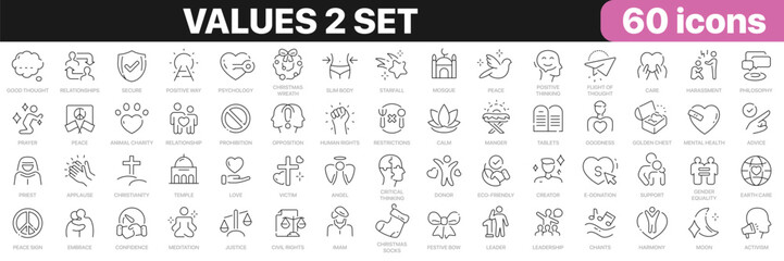 Values 2 set line icons collection. Religion, charity, relationship, justice, family, care icons. UI icon set. Thin outline icons pack. Vector illustration EPS10