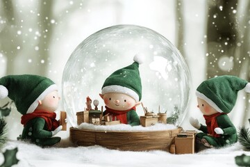 Three green elf figurines are sitting inside a glass globe