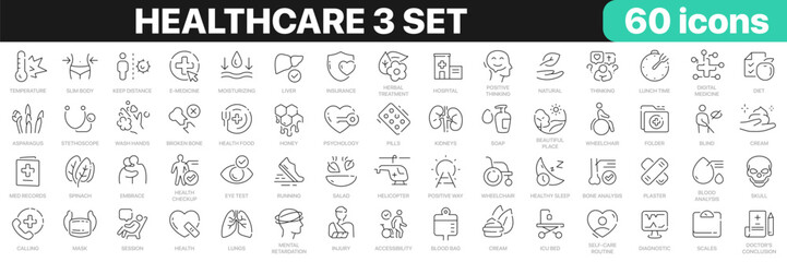 Healthcare 3 set line icons collection. Medicine, sport, psychology, pharmacy, ambulance, fitness icons. UI icon set. Thin outline icons pack. Vector illustration EPS10