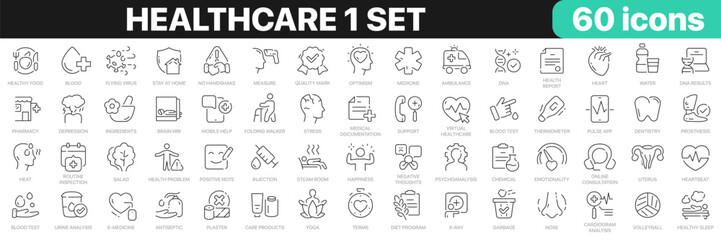 Healthcare 1 set line icons collection. Medicine, sport, psychology, pharmacy, ambulance, fitness icons. UI icon set. Thin outline icons pack. Vector illustration EPS10