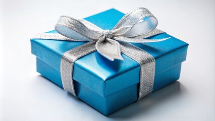 Obraz premium Stunning blue gift box adorned with a silver ribbon, set against a white backdrop. Ideal for celebrations, birthdays, anniversaries, and holidays. Captured in macro photography.