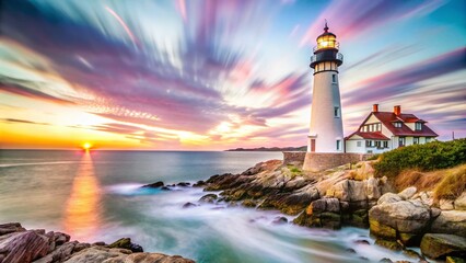 Fototapeta premium Stunning Long Exposure of Lighthouse at Sunset with Vibrant Sky and Ocean Waves for Serene Coastal Landscape