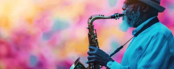 A musician plays the saxophone against a vibrant, colorful background, capturing the essence of jazz music and performance art.