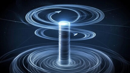 An Abstract Visualization of a Magnetic Field with Glowing Lines and Arrows Illustrating the Flow of Magnetic Force Encircling a Central Object in a Dark, Vacant Space.