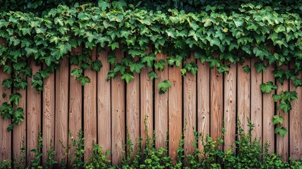 Lush green ivy climbing a wooden fence in a serene garden during the afternoon
