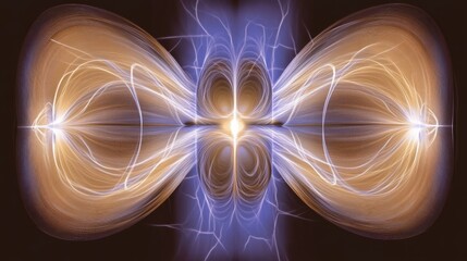 An Abstract Visualization of a Magnetic Field with Glowing Lines and Arrows Illustrating the Flow of Magnetic Force Encircling a Central Object in a Dark, Vacant Space.