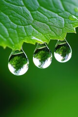 Fototapeta premium A high-definition macro photograph of crystal-clear water droplets delicately perched on the surface of a vibrant green leaf after a fresh rain.