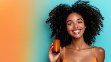 A young woman happily displays a hair care product mockup against a bright, colorful background