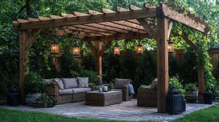 Cozy backyard pergola with comfortable seating surrounded by lush greenery at dusk
