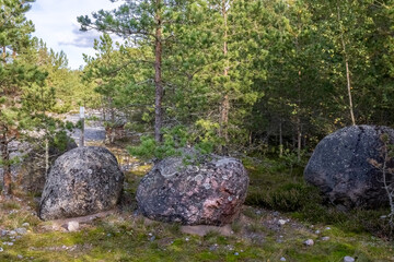 Large boulders near a path in the forest. Photo