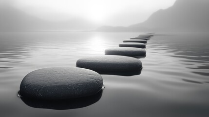 Stones Leading to a Foggy Horizon in a Still Body of Water