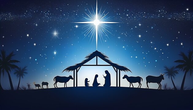 A vector of the nativity under a dark blue night sky filled with stars, with a bright star 