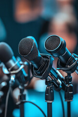 Multiple Microphones Set Up for Press Conference or Media Event