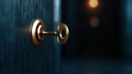 Obraz premium A golden key unlocks a safe deposit box in a blurred bank setting. Golden key unlocking safe deposit box represents wealth and security.