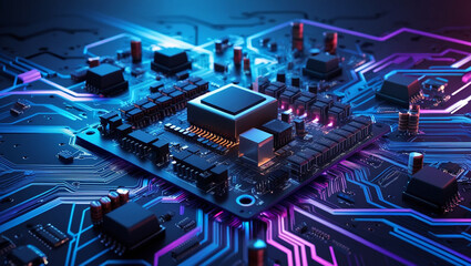 Abstract AI circuit board background. Technology connected blue lines with electronics elements on tech bg. Computer motherboard with a chip, processor, and semiconductor.