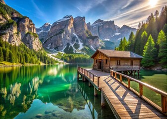 Fototapeta premium Stunning Portrait of Wooden Jetty and Building on Braies Lake Surrounded by Majestic Mountains and Lush Trees