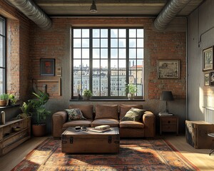 Stylish living room in industrial style featuring exposed brick walls, metal accents, and rustic furnishings for a chic urban vibe