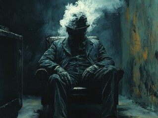 A moody figure enveloped in smoke, seated in an old chair, embodies mystery and introspection in a dimly lit setting.