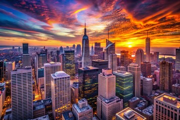 Fototapeta premium Stunning Silhouette Cityscape at Dusk - Urban Skyline with Colorful Sunset Background