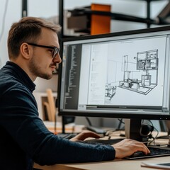 Obraz premium Concentrated young Caucasian man working on architectural designs at his desk.