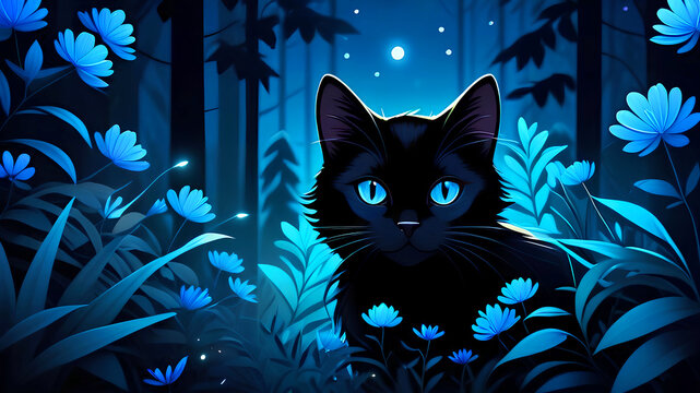 Black cat in the mysterious night forest