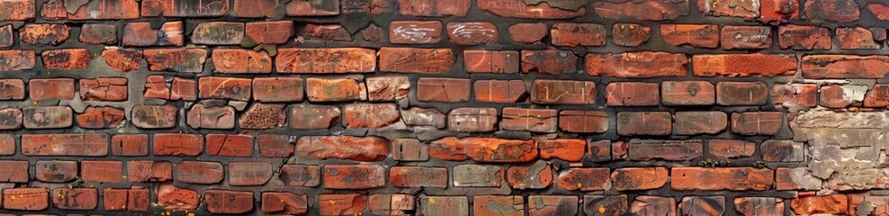 Old red brick wall texture panoramic seamless pattern, panoramic background. Wide panoramic view,...