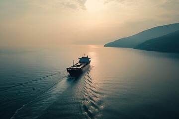 Naklejka premium Oil tanker underway towards open sea. Crude oil tanker ship, a merchant ship specially designed for chemical products transportation. Aerial view. Generative ai