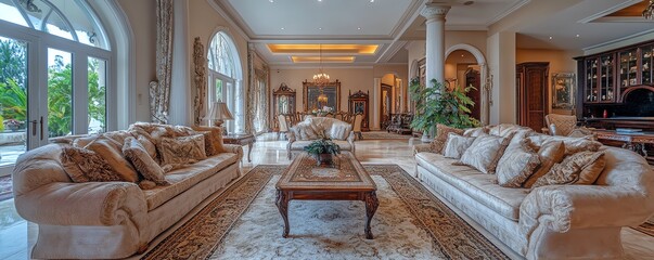 Sumptuous luxury living room design featuring custombuilt furniture, artistic decor, and unique lighting solutions, embodying elegance and style