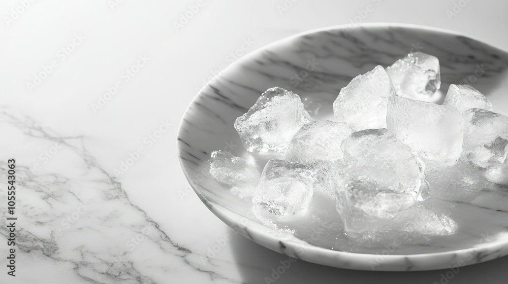 Poster a refreshing arrangement of ice cubes melting on a marble table surface. the cool tones provide an i
