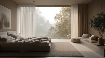 Fototapeta premium A bedroom with floor-to-ceiling windows, elegant yet simple furniture, and muted tones that create a feeling of quiet sophistication