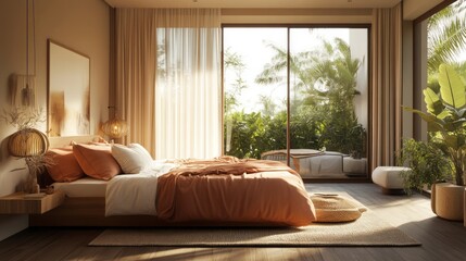 A bedroom with soft pastel tones, layered textiles, and gentle ambient lighting, where the rhythm of texture and light soothes the senses and encourages relaxation