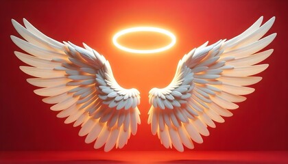 A pair of large, isolated white angel wings with a glowing gold halo floating in a sexy red background