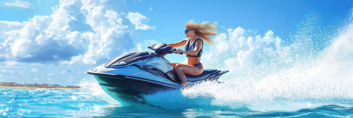 Jetski in water. Summer tropical sports.