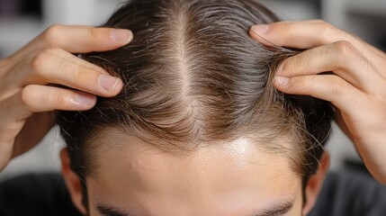 Naklejka premium Young person examining thinning hair while standing indoors during daylight hours