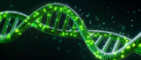 green dna double helix , high tech genetic strand, biology and technology, biotechnology and genetics research.