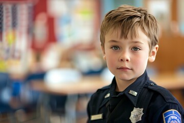 photo of a young boy dressed in a police officer suit, making eye contact with the camera