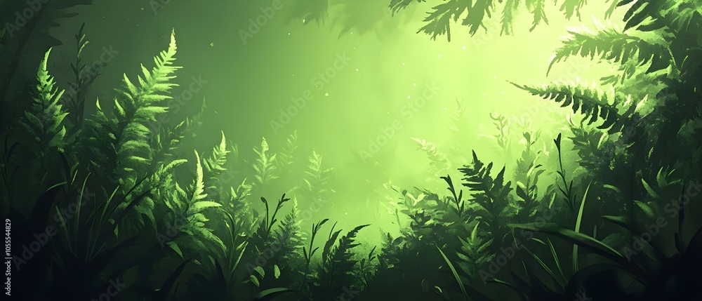 Poster a serene view of lush green ferns in a tranquil forest, illuminated by soft, diffused light filterin