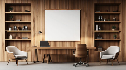 Modern wood-paneled office interior with desk, laptop, two armchairs, a swivel chair, shelves with books and plants, and a large blank whiteboard.