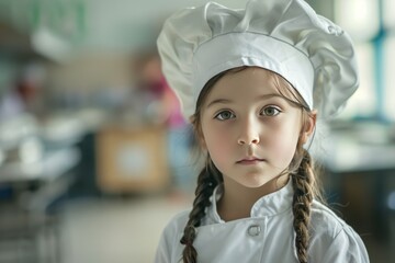 photo of a young girl dressed in a cook suit and wearing a chef hat, making eye contact with