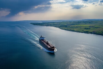 Oil tanker underway towards open sea. Crude oil tanker ship, a merchant ship specially designed for chemical products transportation. Aerial view. Generative ai