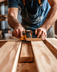 A carpenter cutting wood planks with a circular saw, preparing materials for a home improvement project.