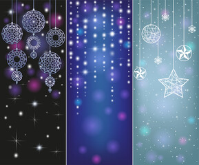 Set of three vertical New Year banners. Merry Christmas and Happy New Year. Backgrounds with luminescent glow, snowflakes, stars and christmas decorations. Vector illustration.