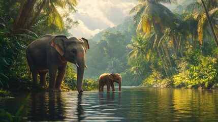 Elephants walking along a riverbank in Thailand, the baby elephant exploring the edge of the water, backed by a thick tropical forest.