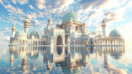 A striking perspective of a grand mosque with detailed tilework and domes, beautifully mirrored in water, embodying architectural beauty