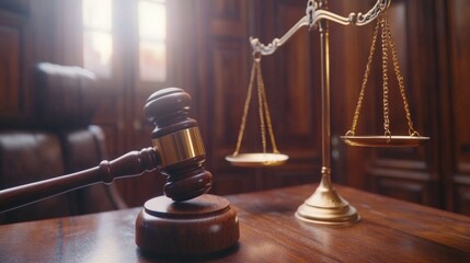 Gavel and Scale on Wooden Table